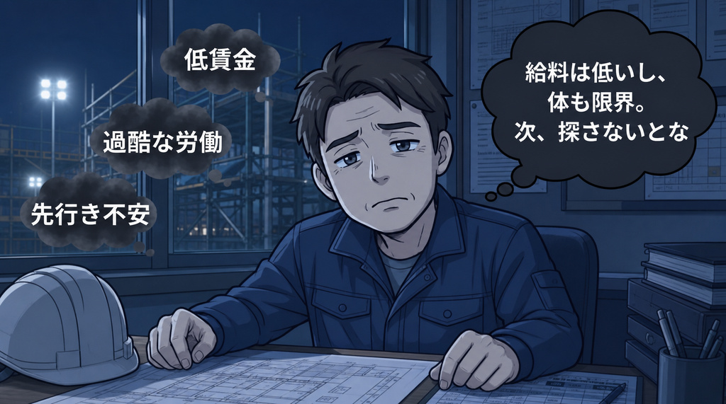 夜の現場事務所で疲れた施工管理技士のイラスト