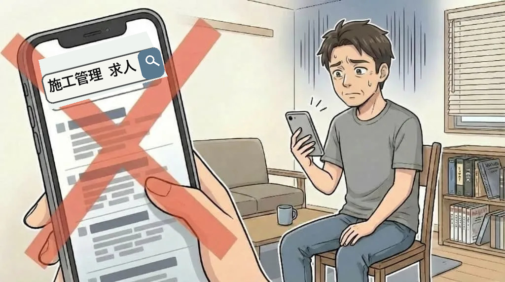 スマートフォンで施工管理求人を探す男性のイラスト