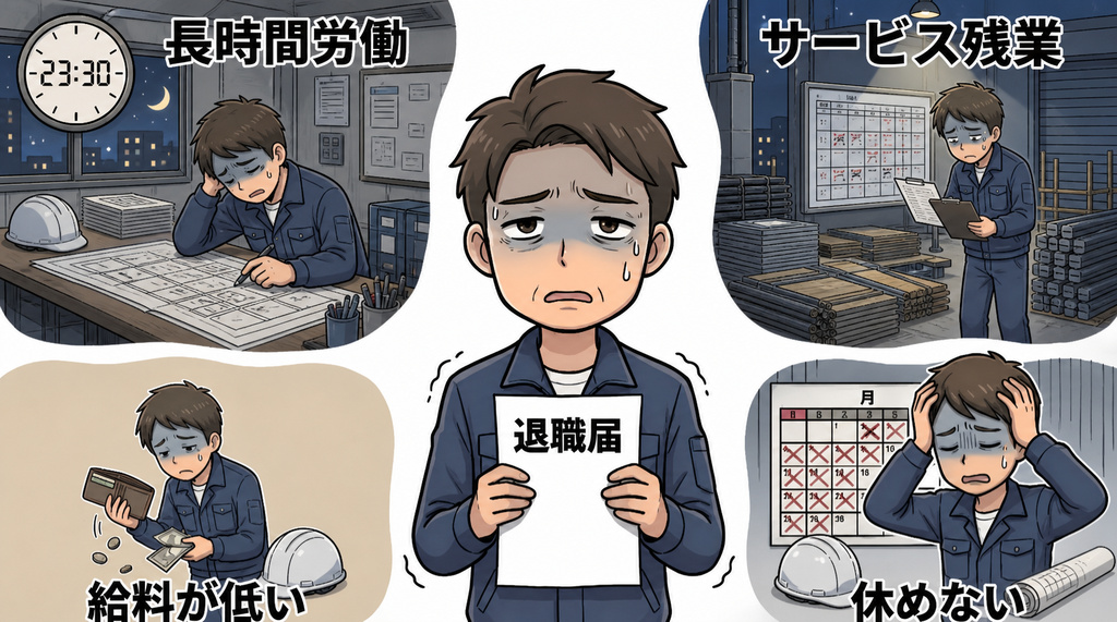 長時間労働や休日不足に悩む施工管理技士のイラスト