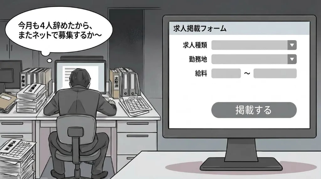 求人を何度も掲載する採用担当者のイラスト