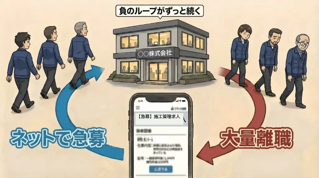 採用と大量離職が循環する施工管理会社のイラスト