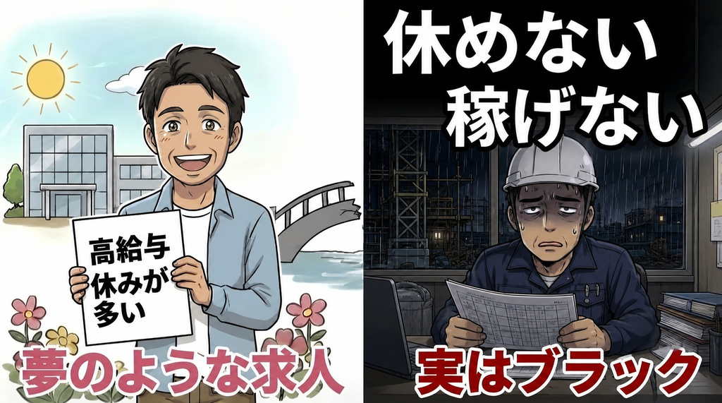 好条件の施工管理求人と実際の厳しい現場を比較したイラスト
