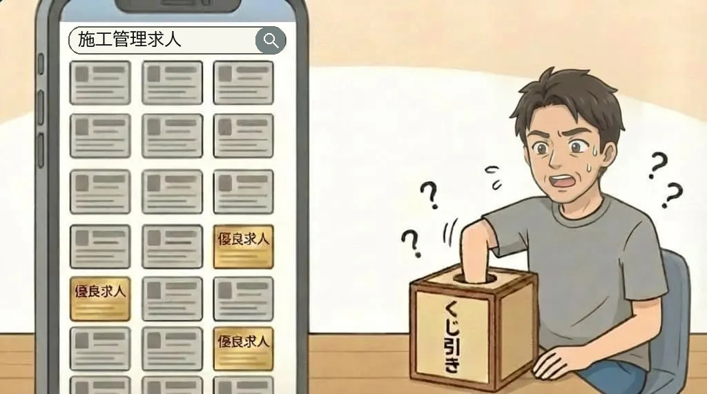 施工管理求人から優良求人をくじ引きのように探すイラスト