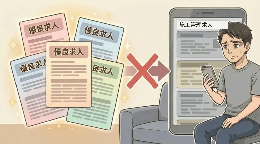一般検索では優良な施工管理求人を見つけにくい様子のイラスト