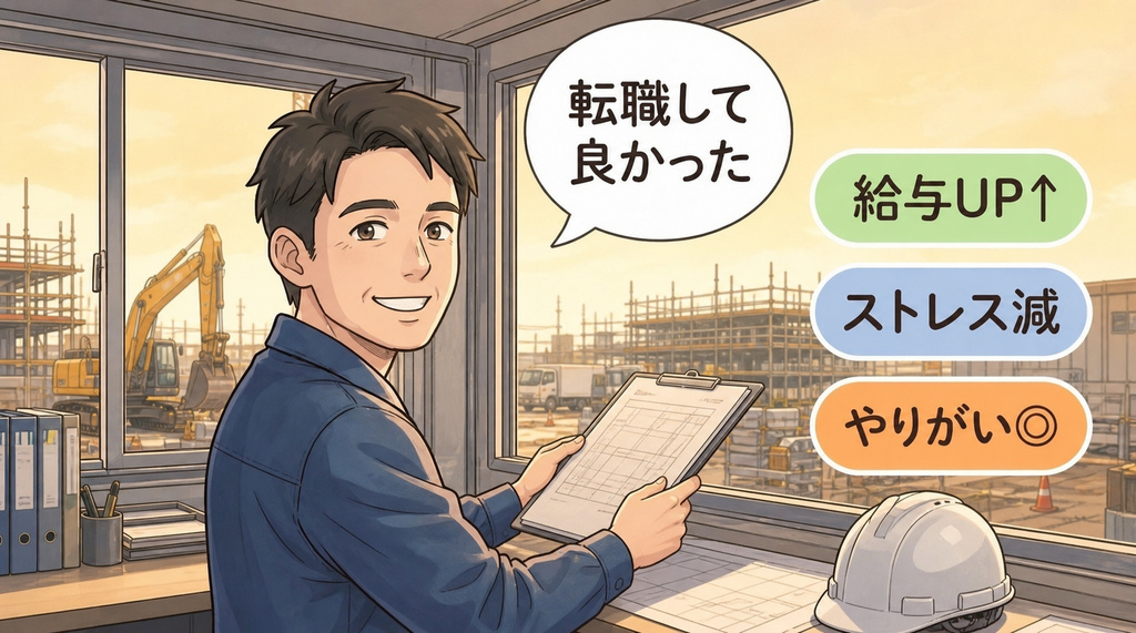 施工管理へ転職して満足する男性のイラスト